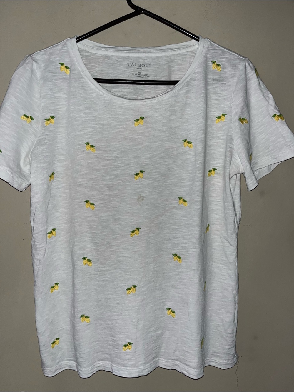 Talbots White Tee with Yellow Lemon Embroidered Motif